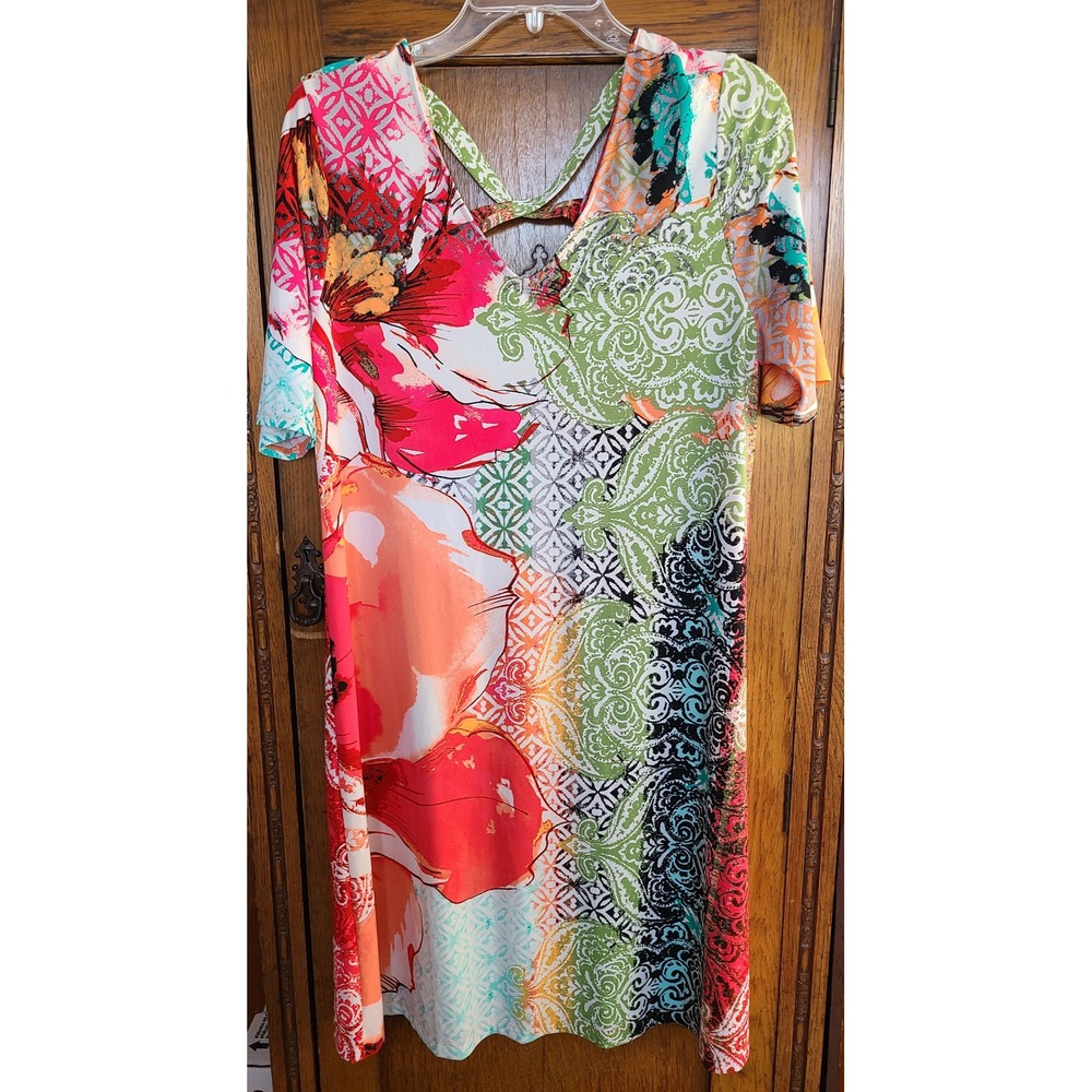 Chicos Floral Paisley V-Neck Strappy Back Knit Dress Multi-Color Size 1 M